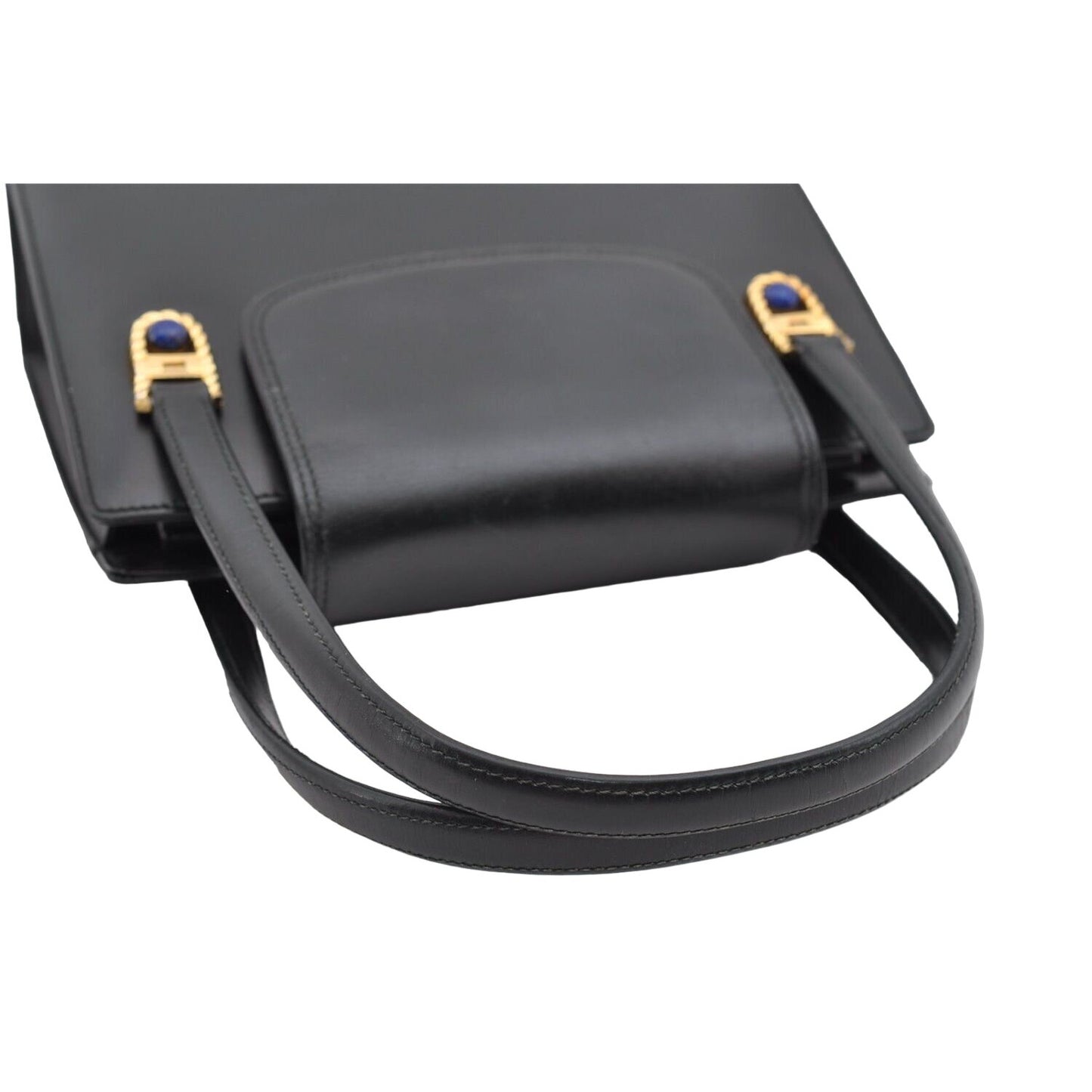 Gucci black leather top handle Kelly bag with blue lapis