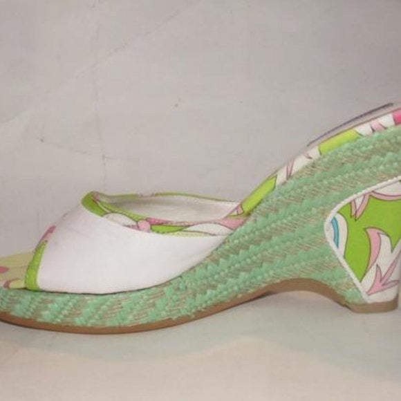Pucci White Leather & Colorful Floral Mule Wedges!