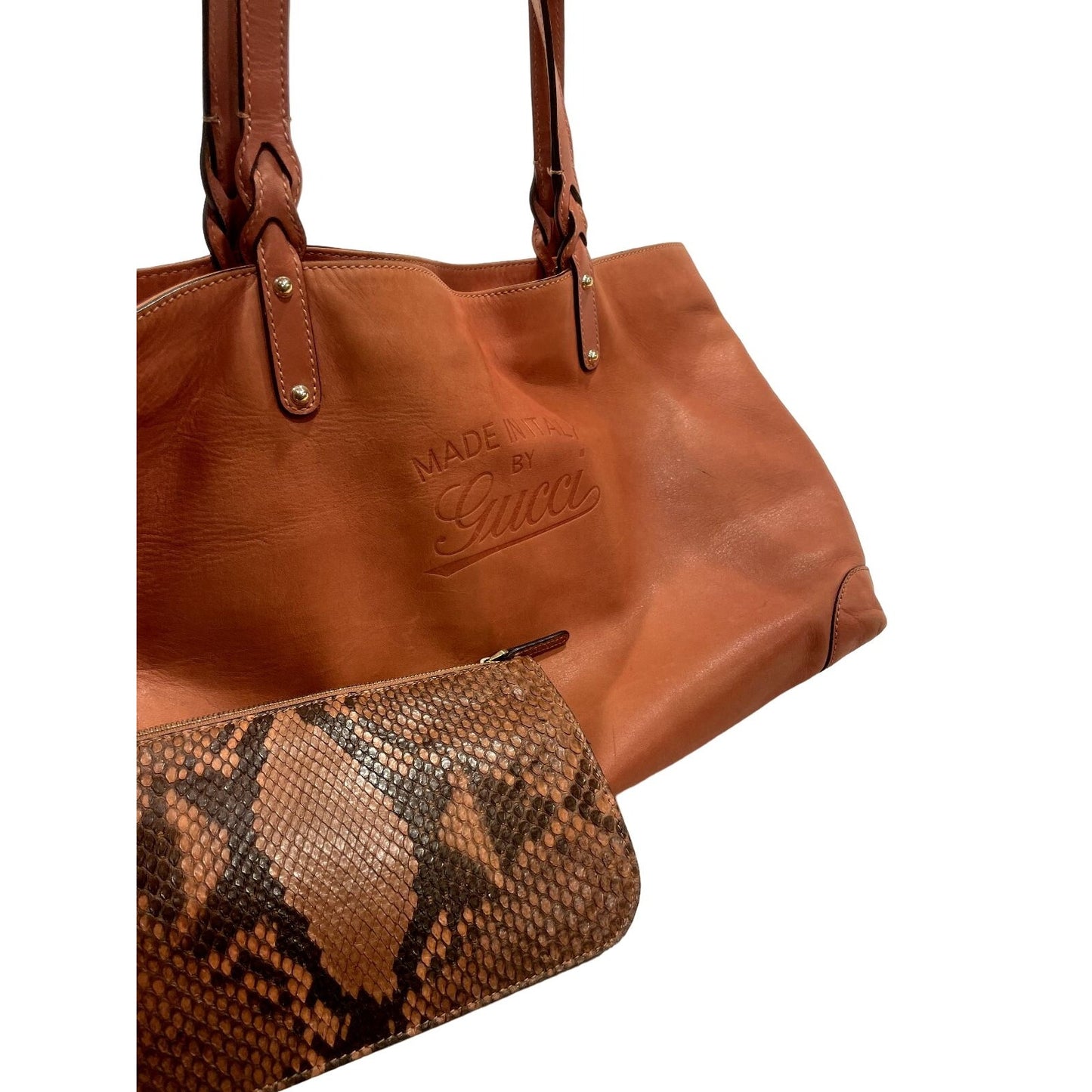 Gucci caramel leather craft XL tote with a python wallet, braided handles, & 'Made in Italy by Gucci' embossed on the front