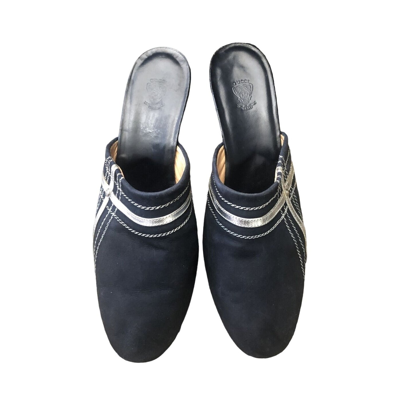 Gucci 1970s- 80s black silk over leather metallic shoes