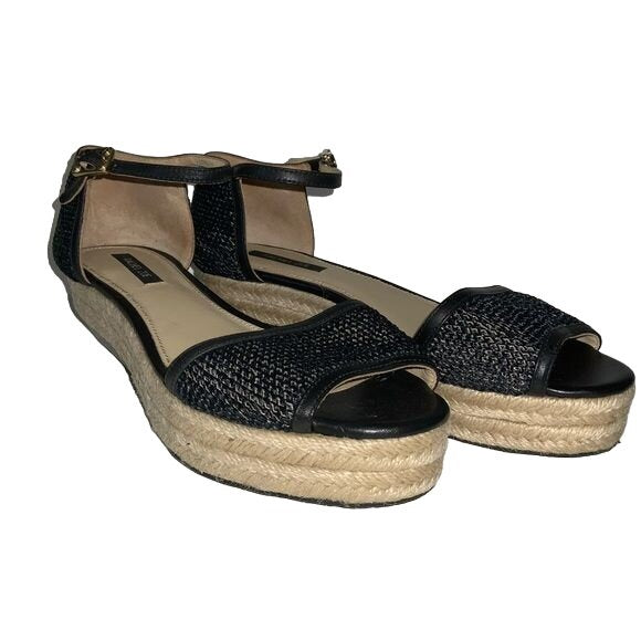 Rachel Zoe Black Raffia Ankle Strap Sandals Espadrille Wedge Soles