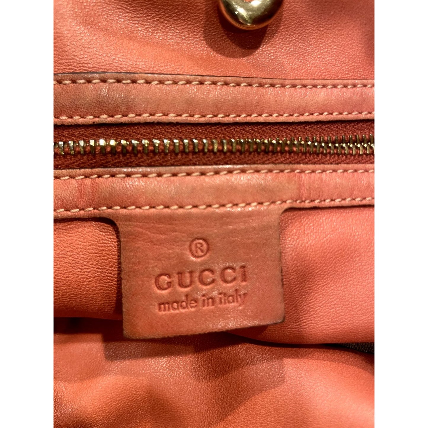 Gucci caramel leather craft XL tote with a python wallet, braided handles, & 'Made in Italy by Gucci' embossed on the front