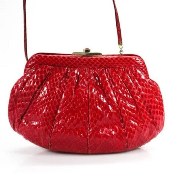Judith Leiber Vintage Red Snakeskin Leather Two-Way Cross Body or Clutch Evening Bag w Red Stone Clasp