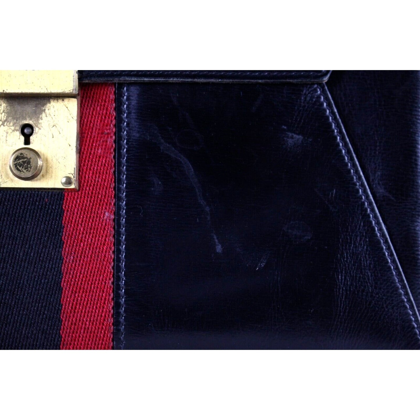 Vintage, Gucci, midnight blue leather, clutch, portfolio, or tablet holder with a wide, red and navy Sherry stripe