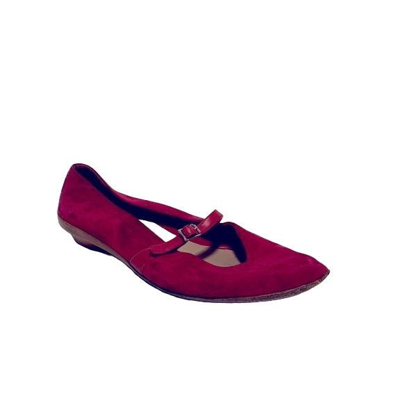 Salvadore Ferragamo Cranberry Red Suede Mary Jane Flats