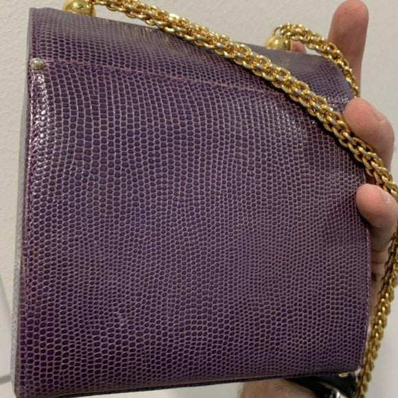 Henri Bendel Purple Reptile Boxy Purse w Gold Chain Strap