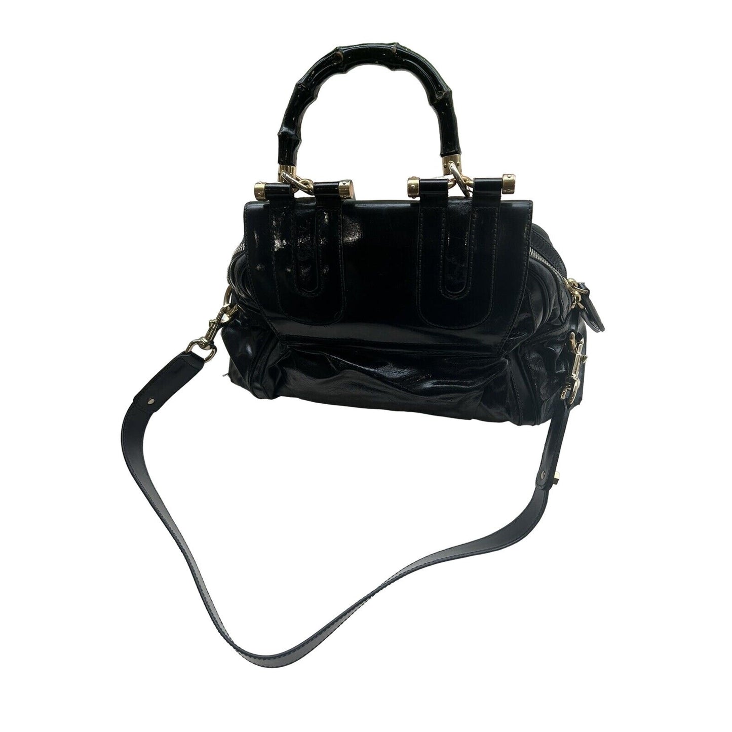 Gucci Navy Leather XL Two-Way Dialux Pop Bamboo Satchel