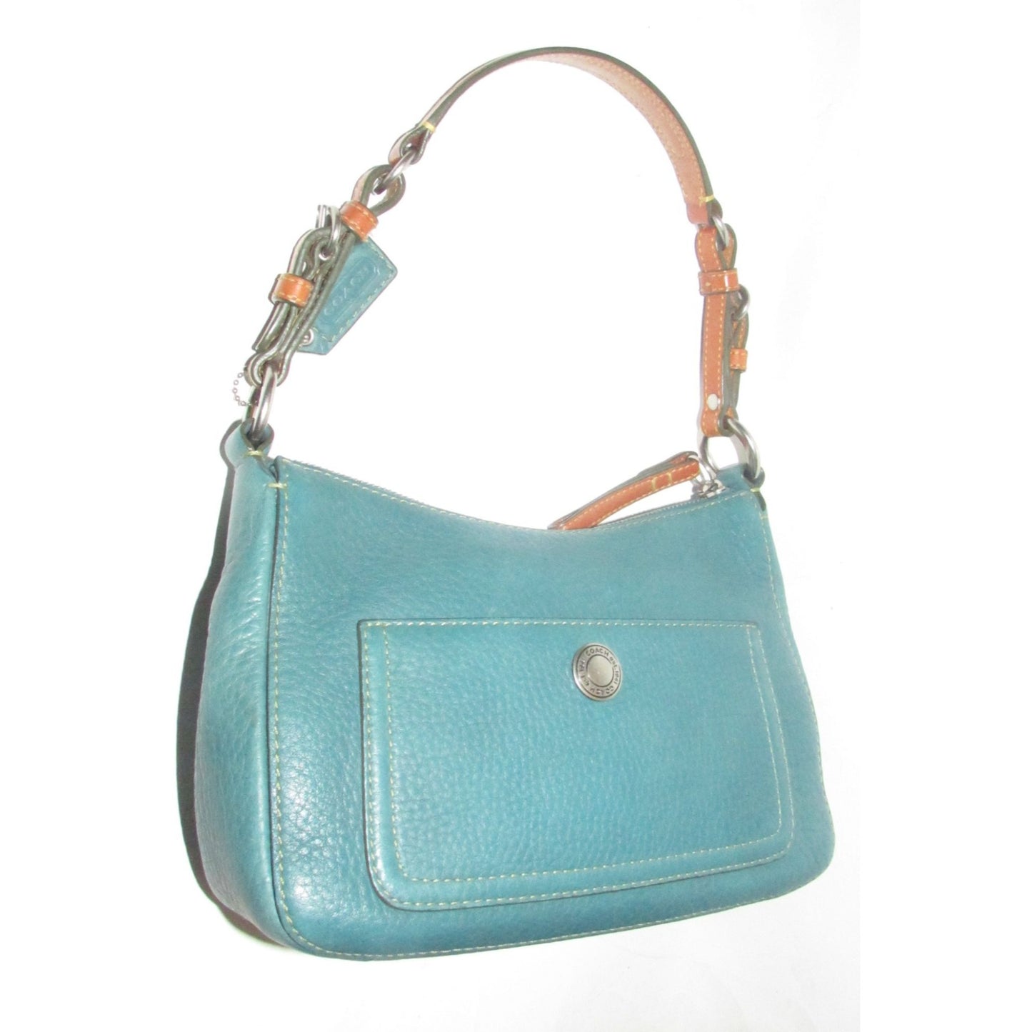 Coach, 'Chelsea' hobo, in a teal soft leather, hobo style purse with a brown, strap with unique chrome buckles