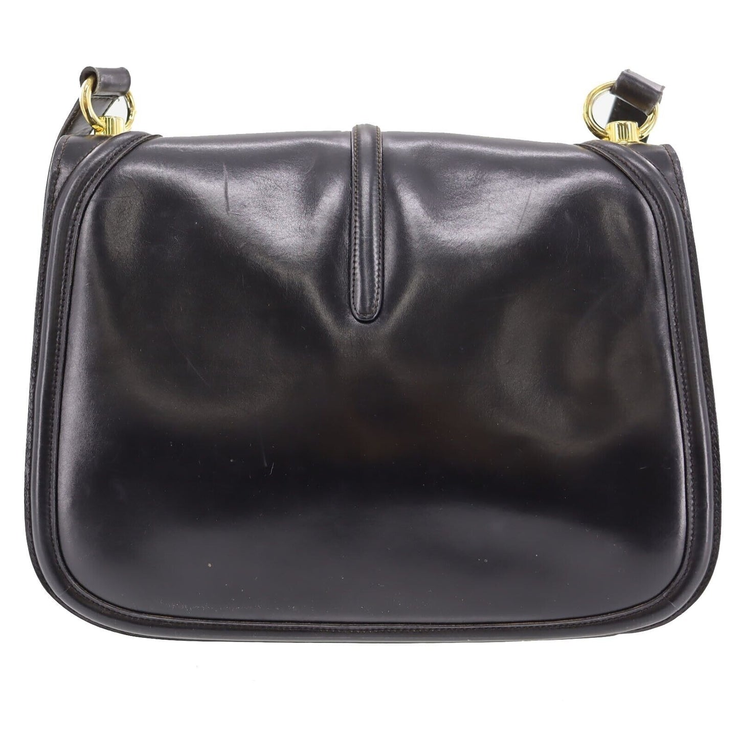 Vintage, navy leather, Gucci shoulder bag with XL gold & tan leather horsebit accent with cut-out & 'GUCCI' engraved on top