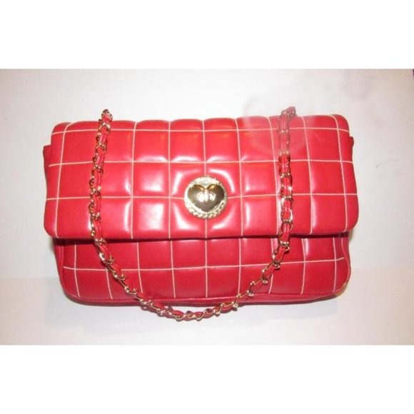 Moschino Red Quilted Leather Shoulder Bag w Envelope Top & Chain Strap