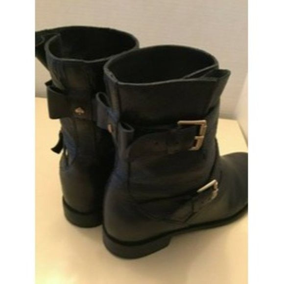 Kate Spade 'Sabina', size 8, black leather biker style ankle boots with pull on closure