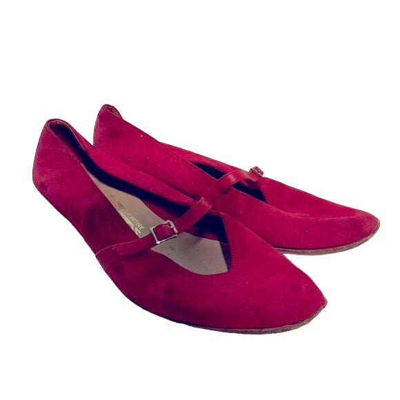 Salvadore Ferragamo Cranberry Red Suede Mary Jane Flats