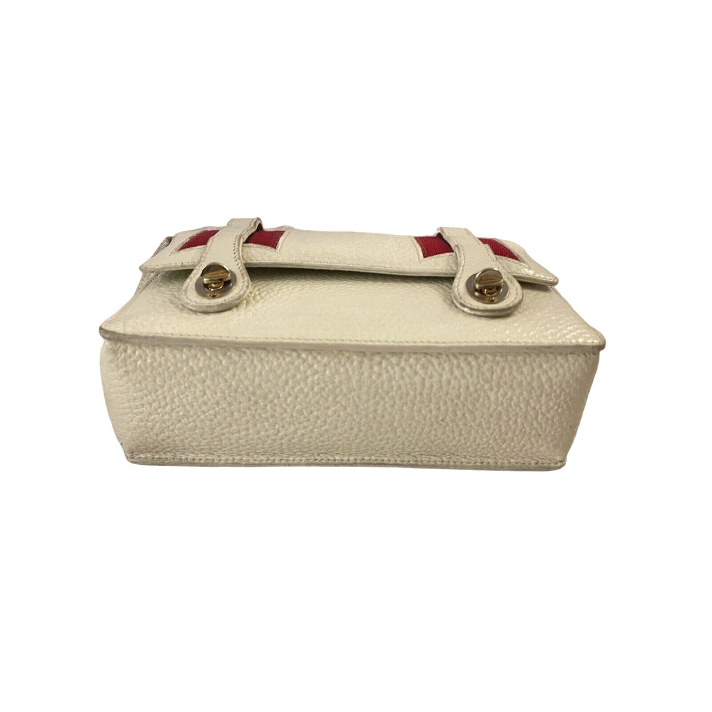 RARE Gucci white leather lunchbox bamboo bag w red & blue stripes