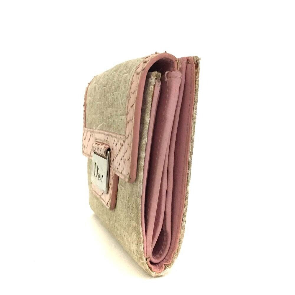 RARE, Christian Dior, pink lizard & tan canvas wallet w a white Diorissimo trotter print, a chrome 'Dior' plaque, & lots of slots for cards