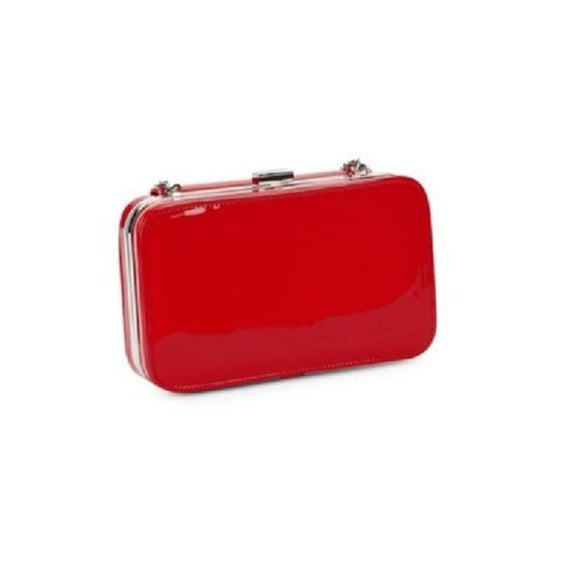 NWT, AMAZING, Moschino, true red patent leather, retro, hard box satchel style, shoulder bag with a chain strap, an exterior pocket, heart accents, and chrome hardware