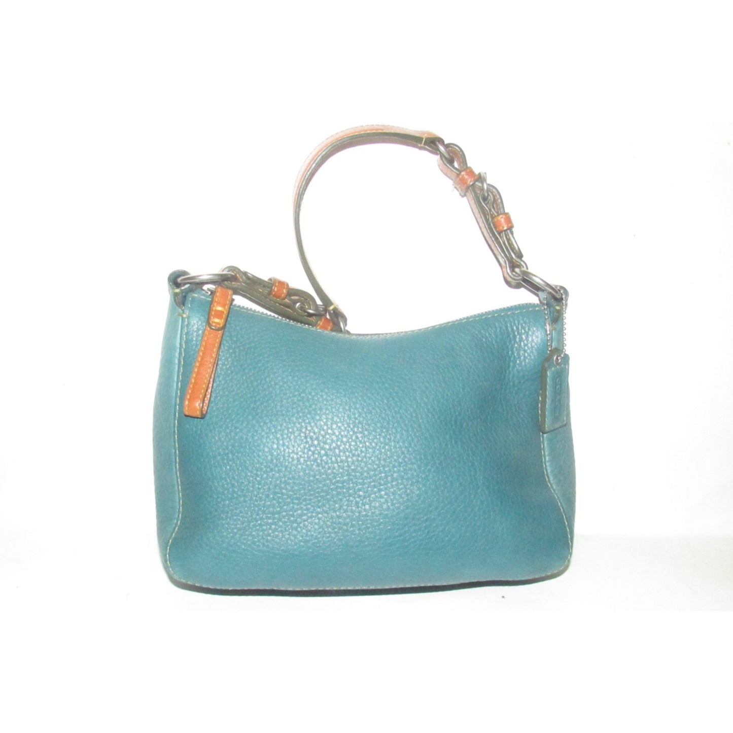 Coach, 'Chelsea' hobo, in a teal soft leather, hobo style purse with a brown, strap with unique chrome buckles