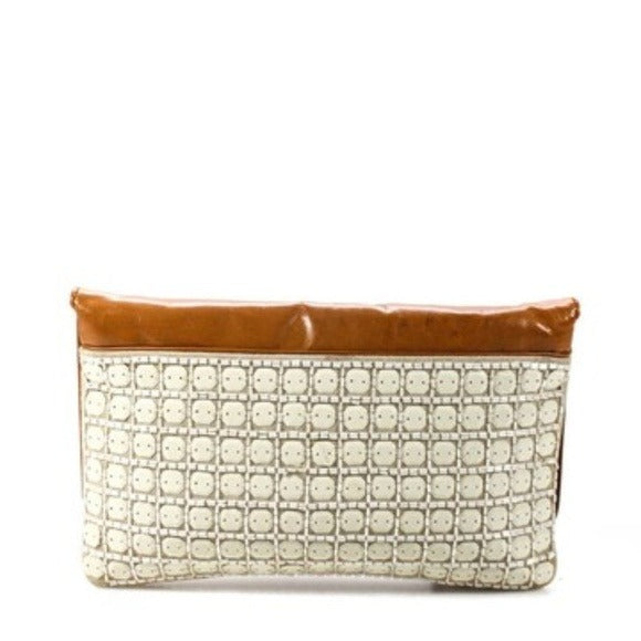 Tory Burch Iridescent Ivory Beaded Canvas Leather Clutch