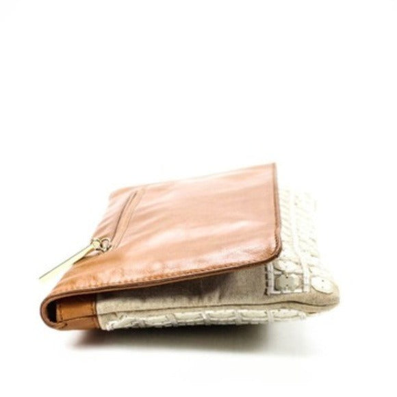 Tory Burch Iridescent Ivory Beaded Canvas Leather Clutch