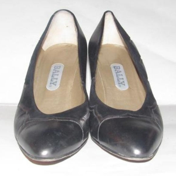 Bally Pewter Leather Black Suede Kitten Heels with Almond Toes