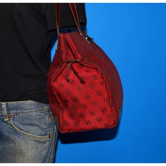 Dooney And Bourke Dark Red And Brown Canvas DB Logo Print Purse