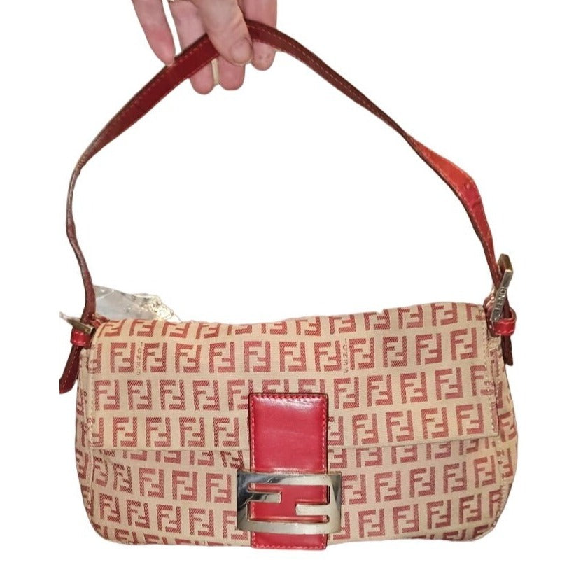 Fend red Zucchino print baguette bag w chrome FF clasp
