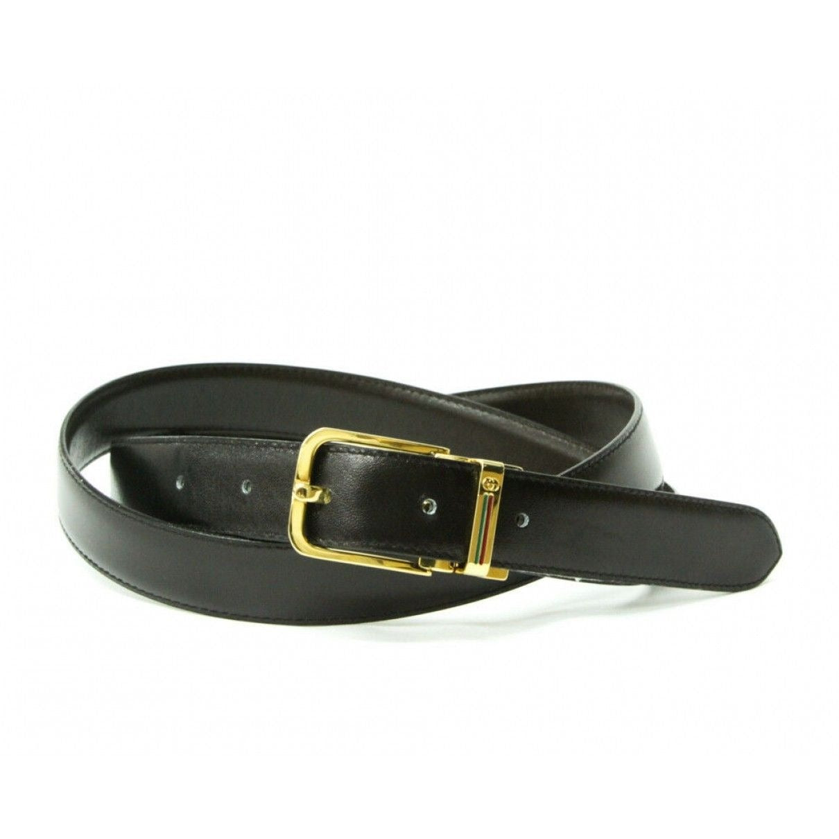 Vintage, NOS, Gucci, brown or black leather, reversible belt with a removable, rectsngular gold tone buckle with red and green enamel