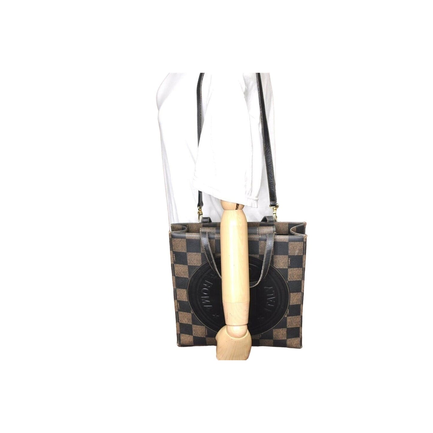 Vintage, Fendi, Roma 1925, checkerboard print in shades of brown coated canvas & brown leather, cross body, tote, or back pack