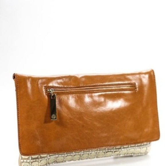 Tory Burch Iridescent Ivory Beaded Canvas Leather Clutch