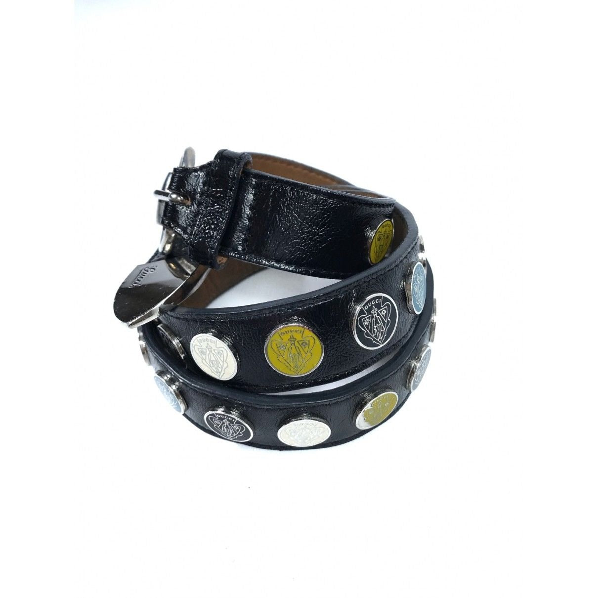 RARE, Gucci, black leather belt with a round, chrome, buckle, yellow, black, white & teal enamel & chrome engraved w the Gucci crest