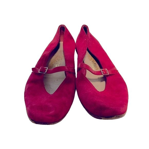 Salvadore Ferragamo Cranberry Red Suede Mary Jane Flats