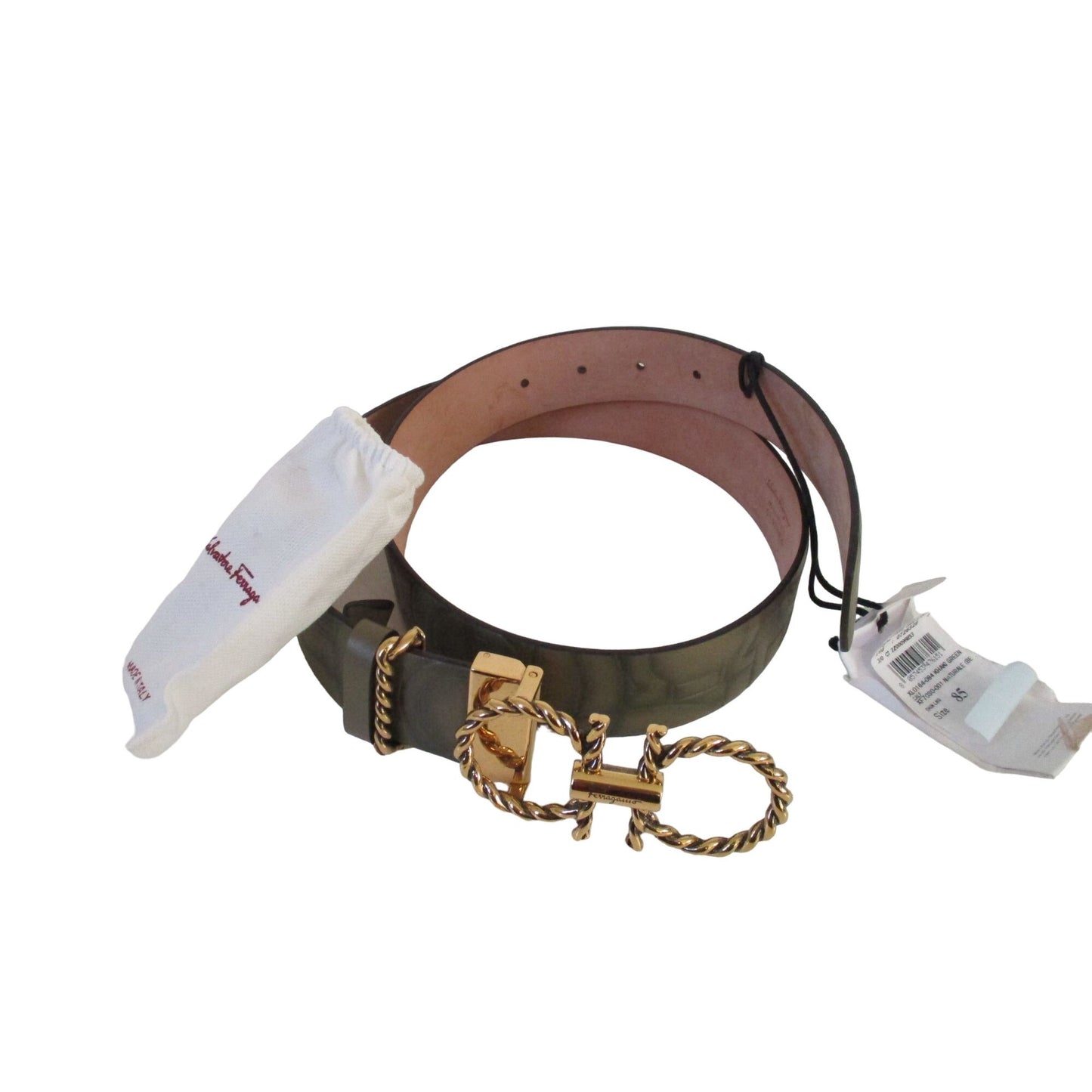 NWT Ferragamo Double Gancini Logo Green Leather Belt