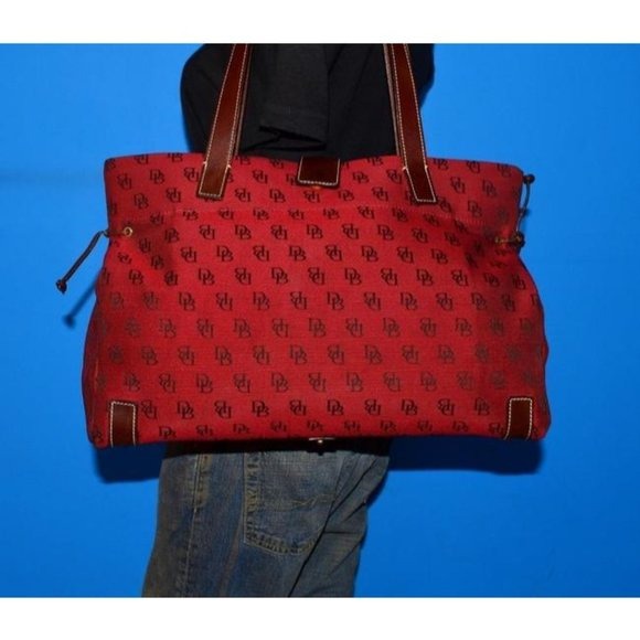 Dooney And Bourke Dark Red And Brown Canvas DB Logo Print Purse