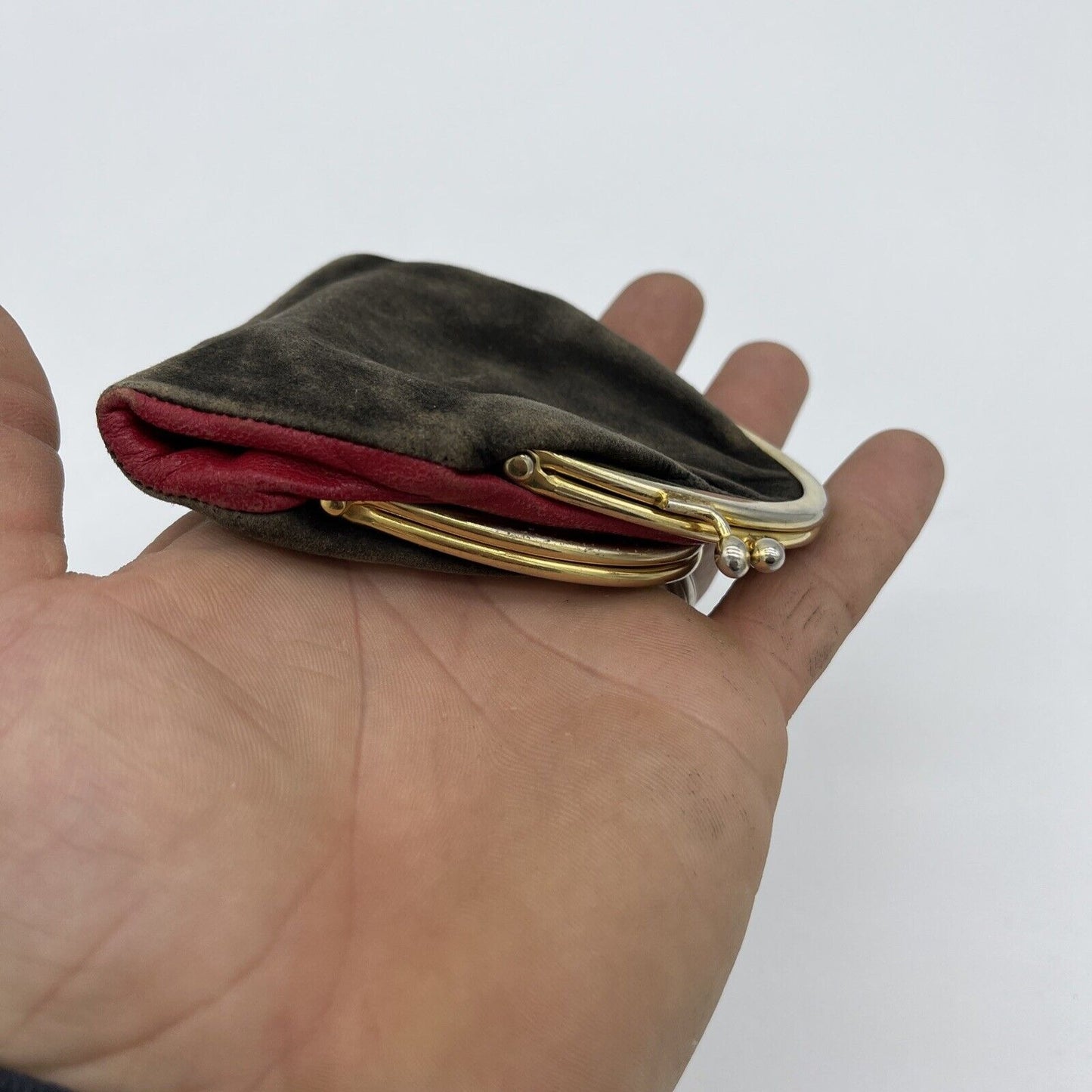Vintage double sided, red leather & brown suede kiss close change purse