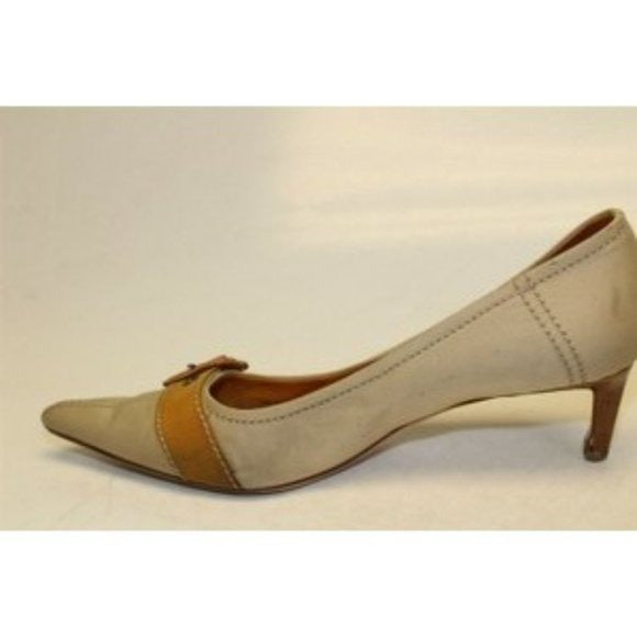 Miu Miu, size EU 39.5/9.5B US, khaki canvas and orange leather, squared, pointy toe, heels with 2" kitten heels, square, orange leather and chrome buckles, wood look heels, and chrome hardware