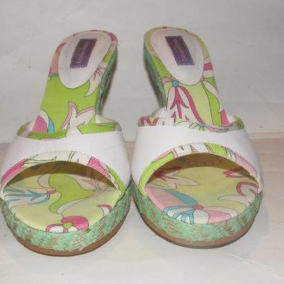 Pucci White Leather & Colorful Floral Mule Wedges!