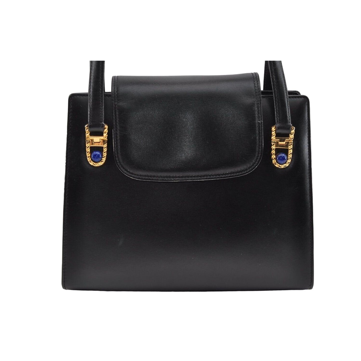 Gucci black leather top handle Kelly bag with blue lapis