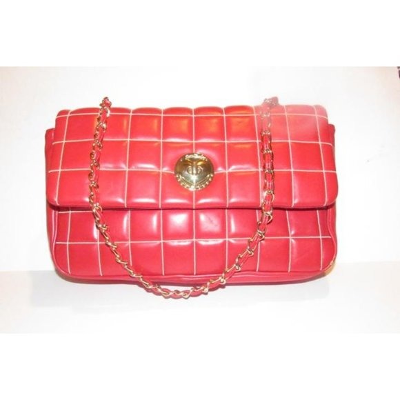 Moschino Red Quilted Leather Shoulder Bag w Envelope Top & Chain Strap