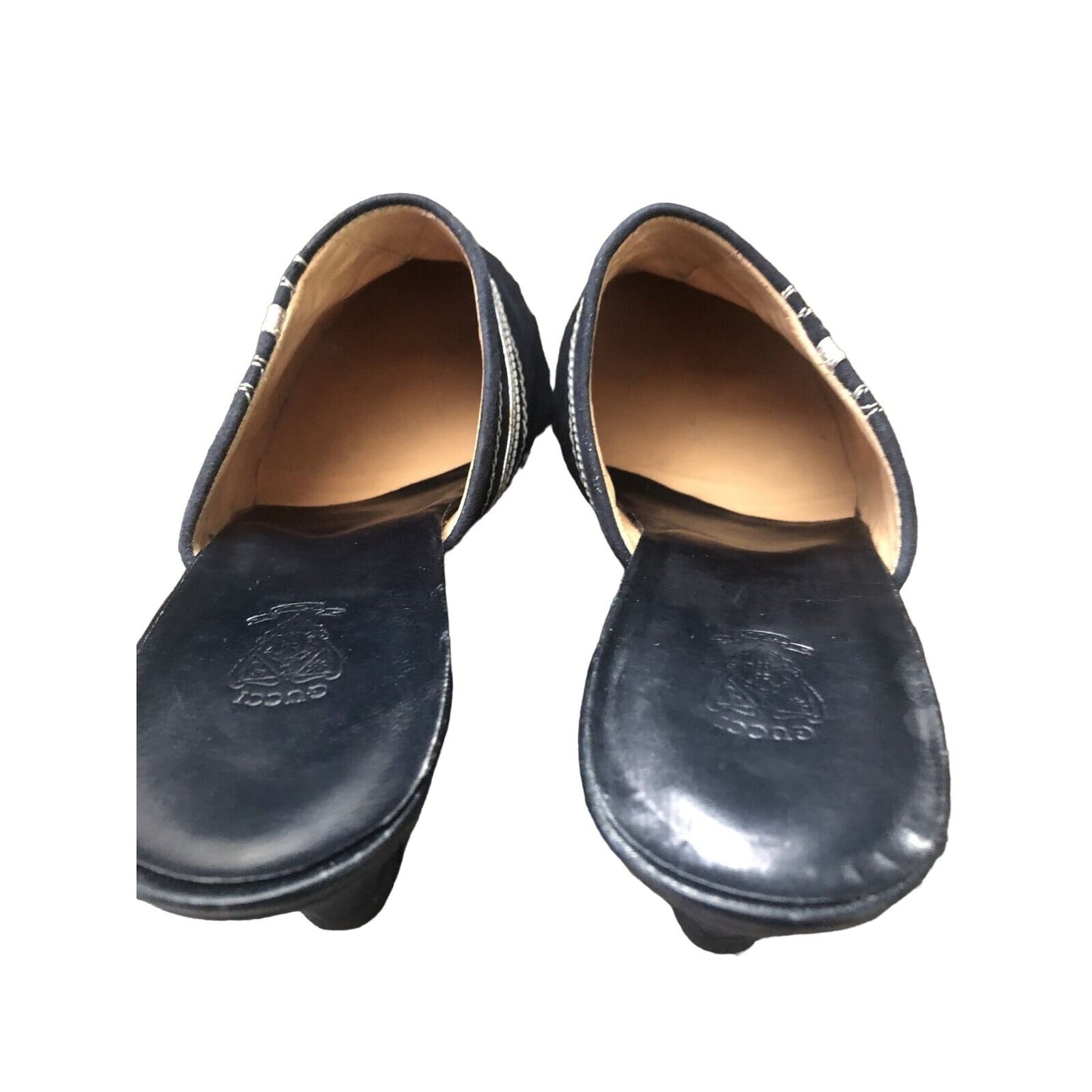 Gucci 1970s- 80s black silk over leather metallic shoes