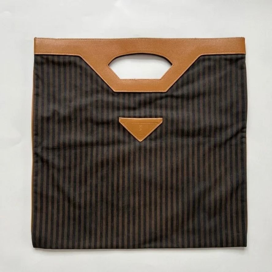 Fendi regimental stripe canvas & camel leather tote