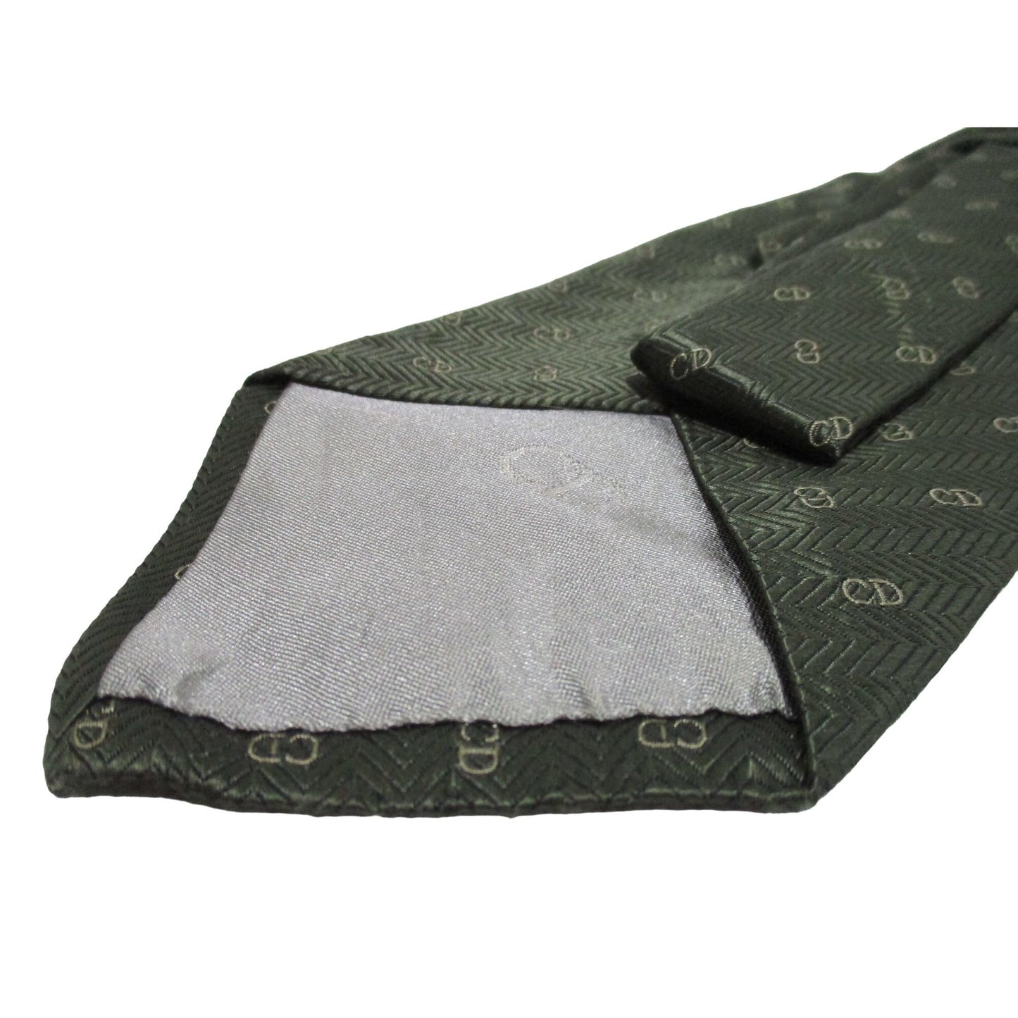 Vintage Christian Dior tie made of 100% textured, olive green silk with a logo print in shades of tan