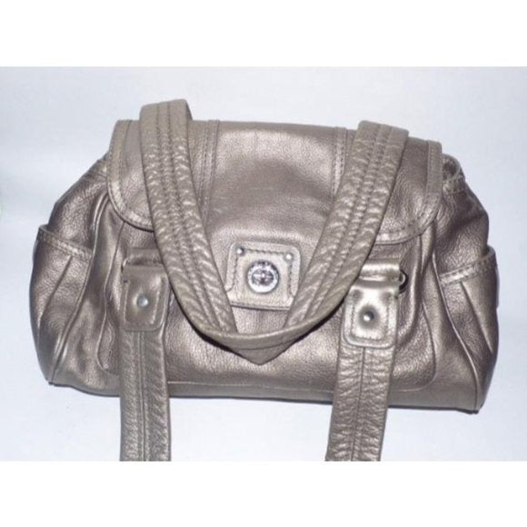 Vintage, Marc Jacobs, metallic pewter leather, two handle, satchel with bold chrome accents and lots of compartments