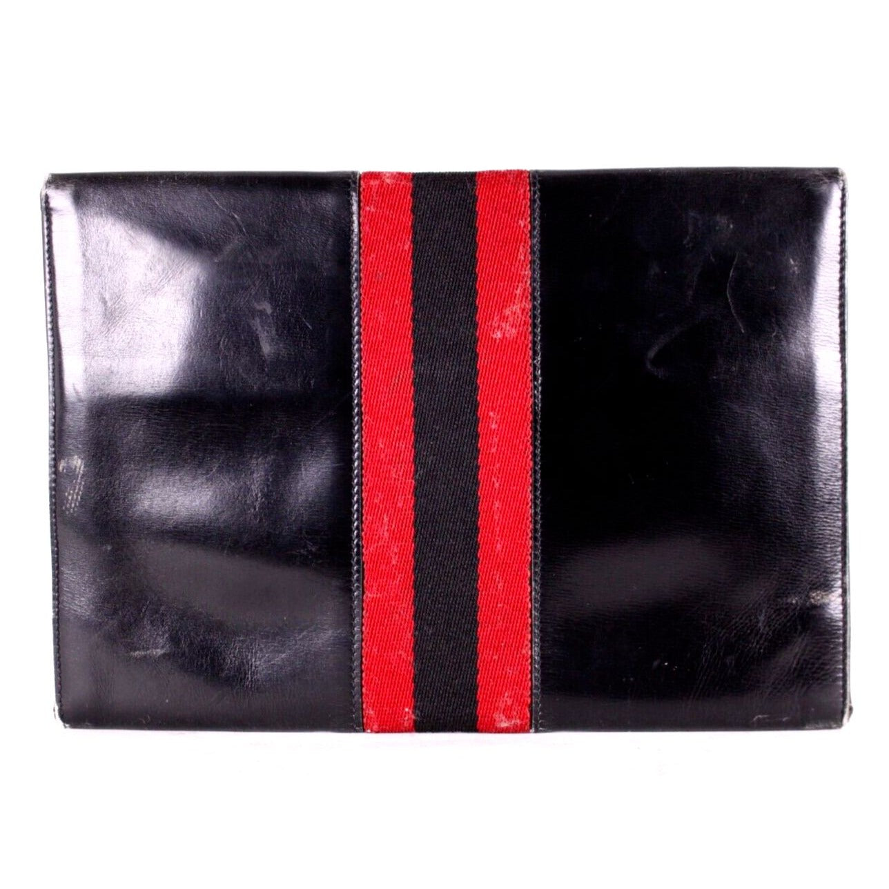 Vintage, Gucci, midnight blue leather, clutch, portfolio, or tablet holder with a wide, red and navy Sherry stripe