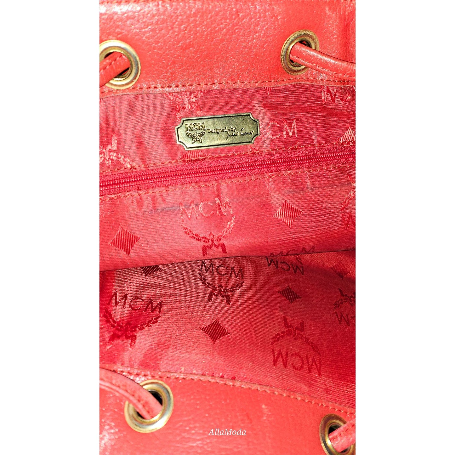 MCM vintage red leather backpack with gold hardware