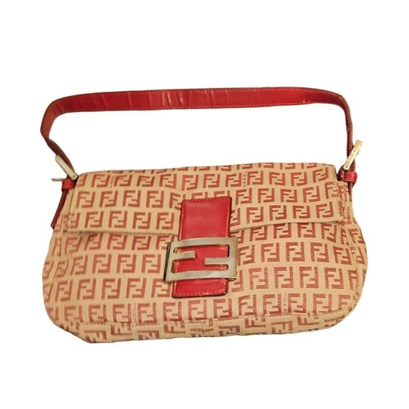 Fend red Zucchino print baguette bag w chrome FF clasp