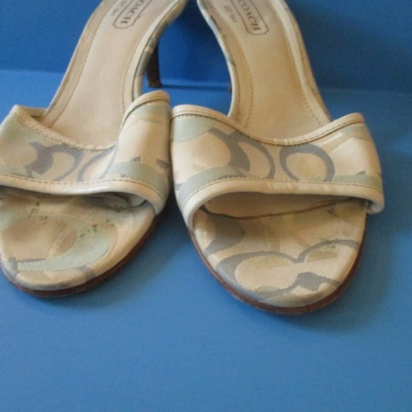 COACH Logo Print Canvas & Leather, Mule Style Slides in Shades of Ble and White with Stacked Heels