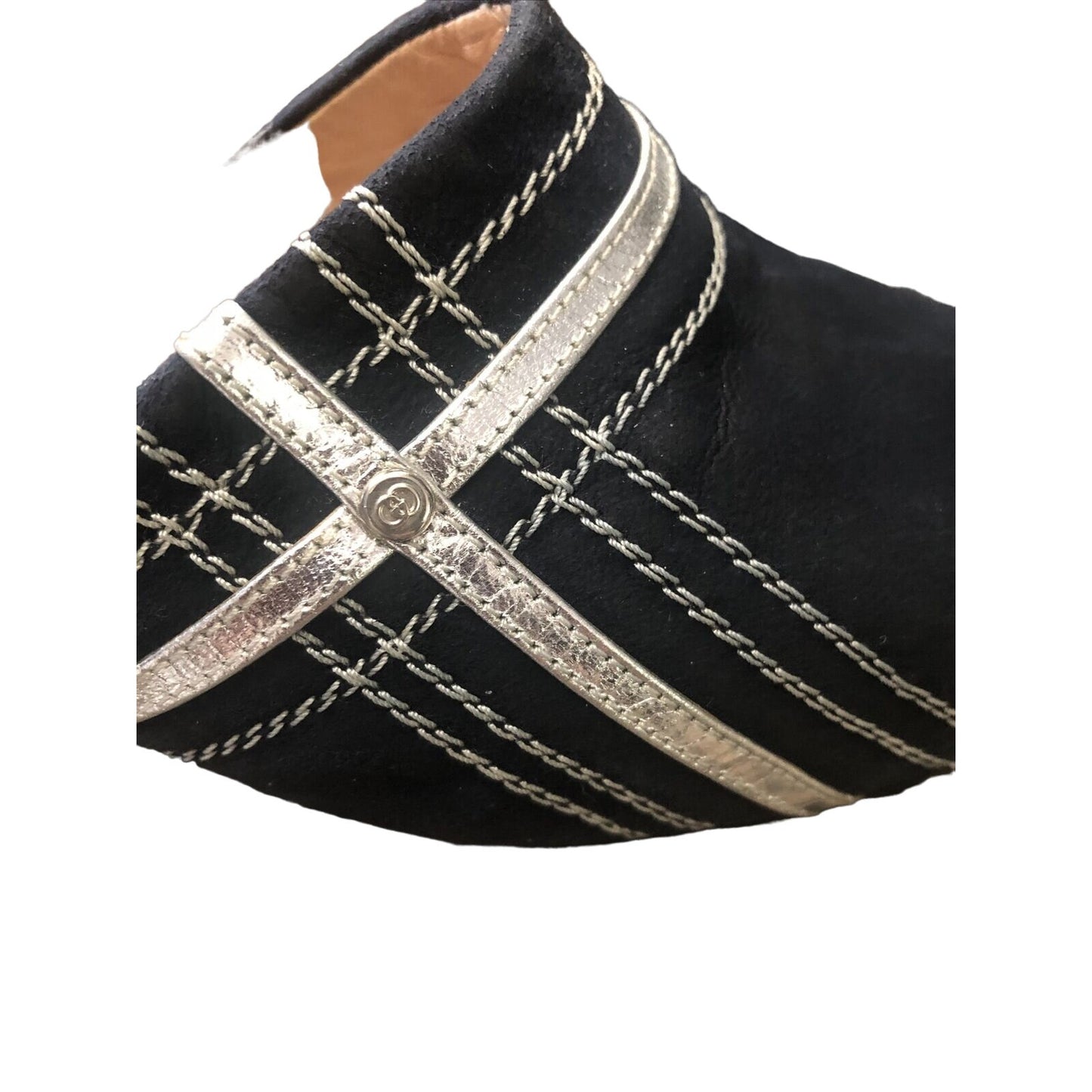Gucci 1970s- 80s black silk over leather metallic shoes