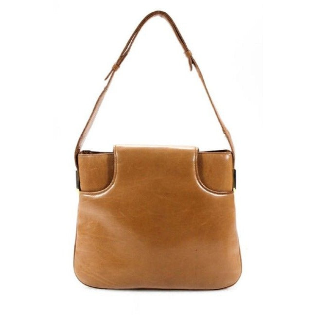 Gucci 1973 camel leather handbag w gold GG & lots of room