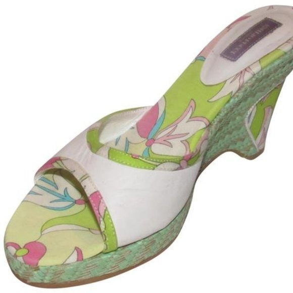 Pucci White Leather & Colorful Floral Mule Wedges!