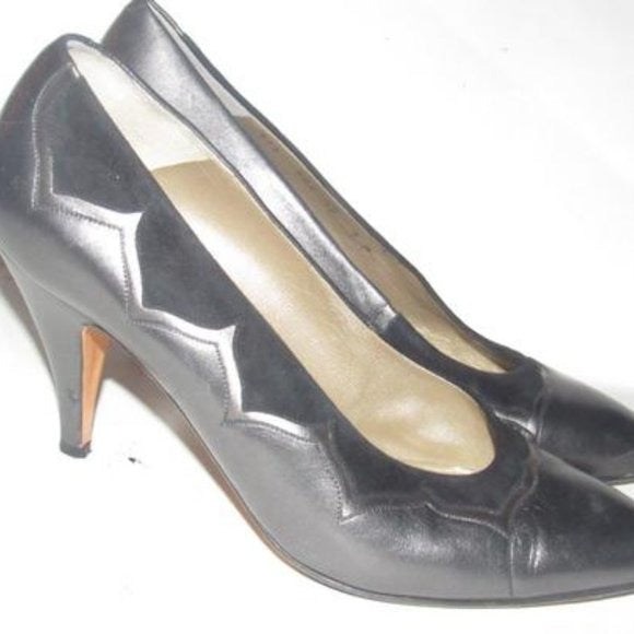 Bally Pewter Leather Black Suede Kitten Heels with Almond Toes