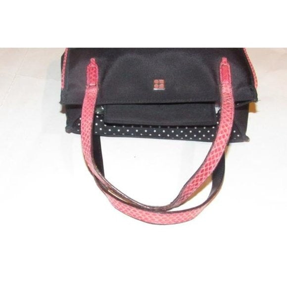 Kate Spade New York, unique, black canvas and pink python embossed leather, petite, satchel style, boxy purse